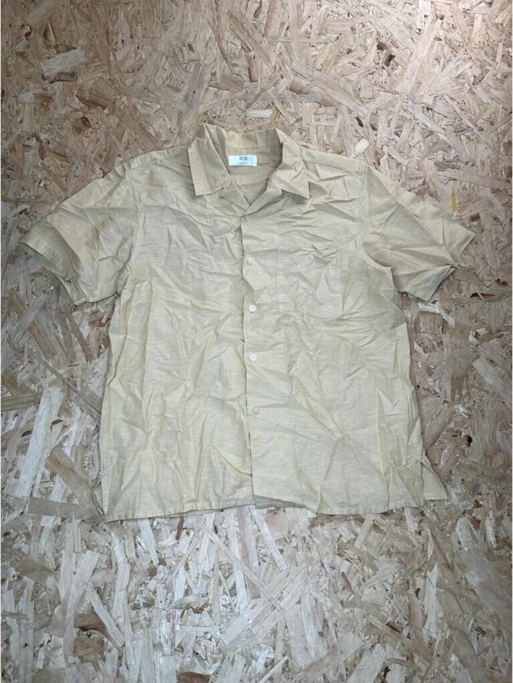 Uniqlo Linen Blend Shirt Mens Small Yellow Beige Short Sleeve Camp Collar